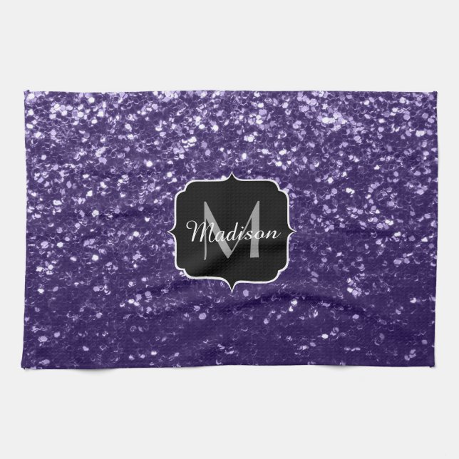 Mörkt ultralila glittergnistrar Monogram Kökshandduk (Horisontell)