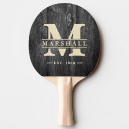 Mörkt Väderbitet Trä Monogram & Namn Overlay Pingisracket