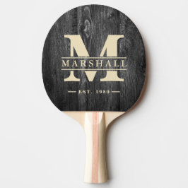Mörkt Väderbitet Trä Monogram & Namn Overlay Pingisracket
