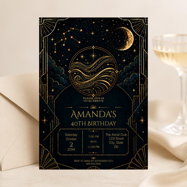 Mörkt Vattumannen 40-års födelsedagsinbjudan | Mid Inbjudningar (Dark Art Deco Aquarius zodiac 40th birthday invitation featuring celestial details, vintage-inspired)