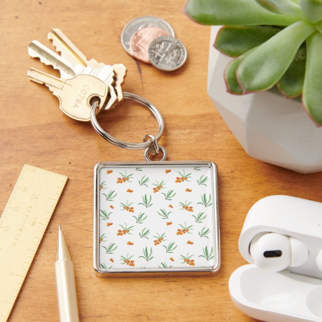 Mörkt Viktorianskt Botaniskt Blommönster Fyrkantig Silverfärgad Nyckelring (Skrivbord)