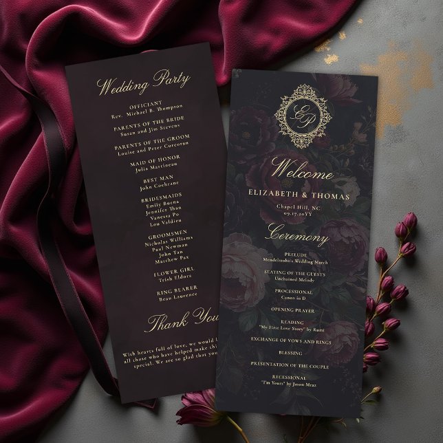 Mörkt Vintage Viktoriansk Krön Peony Bröllop (dark moody wedding program victorian vintage gold crest monograms peony romantic gothic)