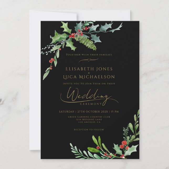 Mörkt Vinter Berry Moody Botanisk Monogram Bröllop Inbjudningar (Framsida)