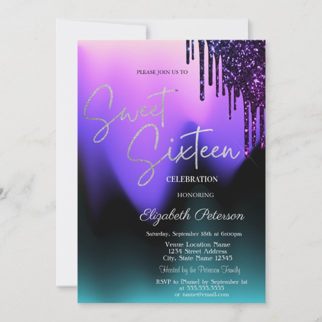 Mörkt Violett Glitterdropp, Ombre Sweet 16 Inbjudningar (Framsida)