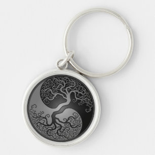 Mörkt Yin Yang träd Rund Silverfärgad Nyckelring
