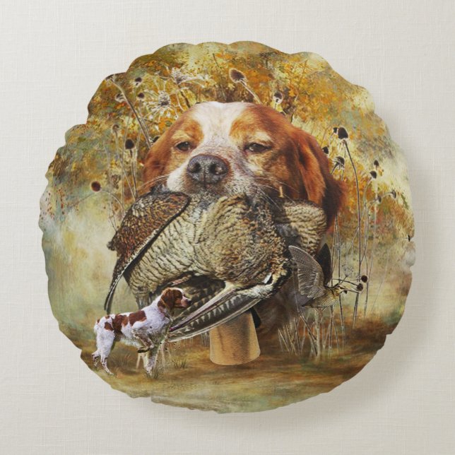 Morkulla jakt med Brittany Spaniel      Rund Kudde (Framsidan)