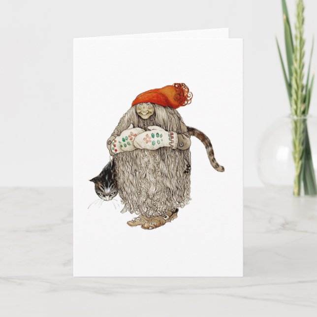 Morma jul Tomten med Grått Cat Helgkort (Framsida)