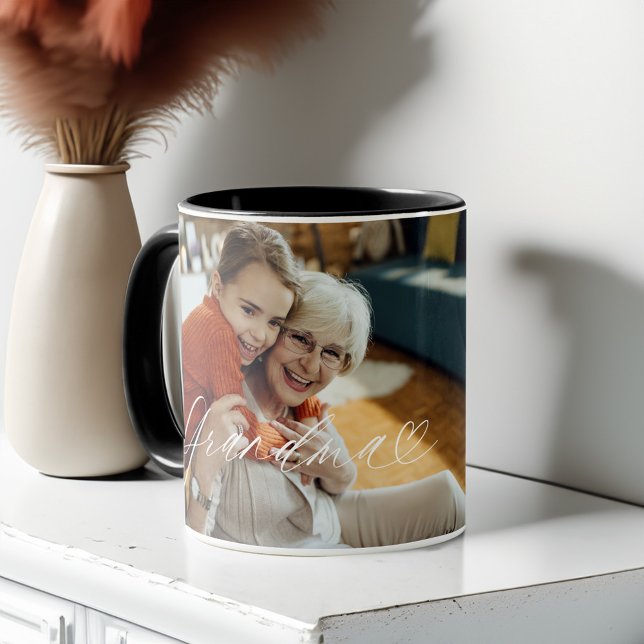 Morma Script Hjärttacksam varje ögonblick Foto Mugg (Grandma Script Heart Grateful Every Moment Photo Mug)