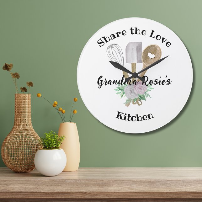 Morma's Kitchen |  Kärlek-Personligen Stor Klocka (Add Grandma's name to this Share the Love of Grandma's Cooking round clock with watercolor utensils.)