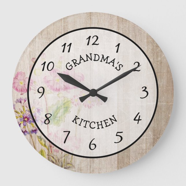 Morma's Kitchen Rustic Blommigt Wood Clock Stor Klocka (Framsida)