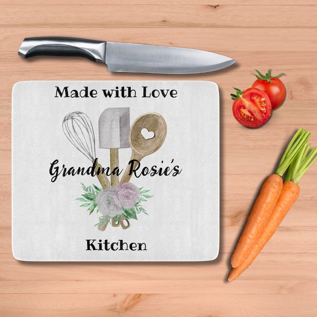 Morma's Kitchen | Tillverkad med Kärlek Personlig (Custom cutting board with watercolor utensils to celebrate your love of Grandma's cooking. )