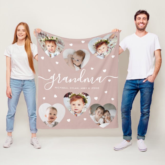 Mormor 6-Foto Collage Elegant Skrift Dammig Rosa Fleecefilt (På plats)