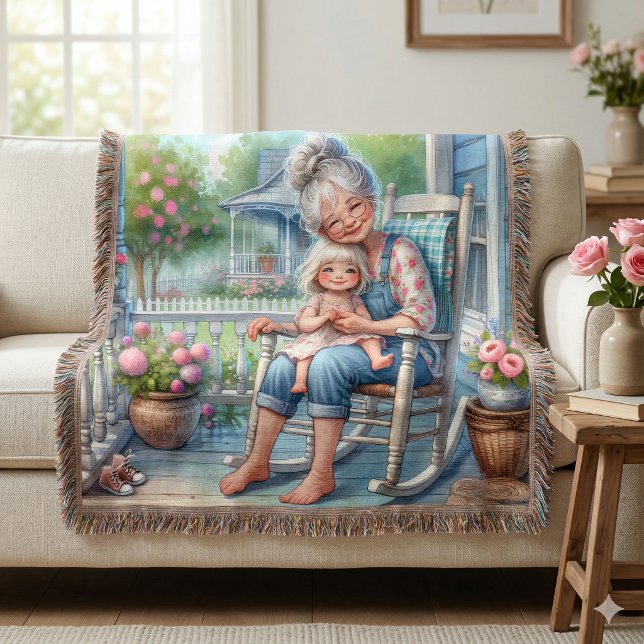 Mormor Barnbarn Veranda Omfamning Filt (Grandmother Granddaughter Porch Embrace Throw Blanket)