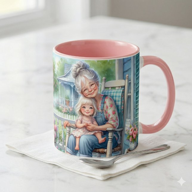 Mormor Barnbarn Veranda Omfamning Mugg (Grandmother Granddaughter Porch Embrace Mug)