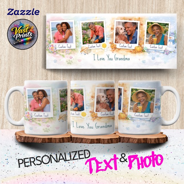Mormor Blommig Anpassad Fotokollage Vattenfärg Mugg (Grandma Floral Custom Photo Collage Watercolor Mug)