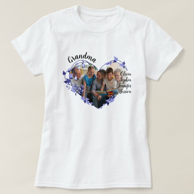 Mormor-blomsterhjärta med Barnbarn Namn och foto T Shirt (Design framsida)