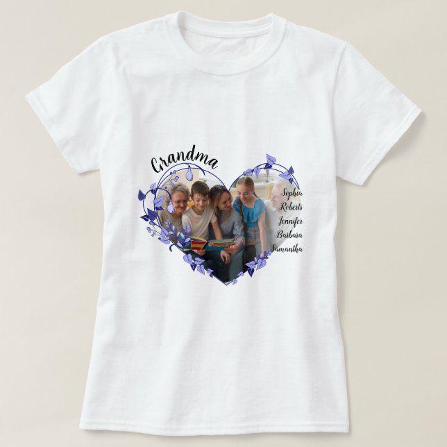 Mormor-blomsterhjärta med Barnbarn Namn och foto T Shirt (Design framsida)