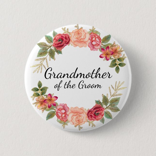 Mormor Brudgum Röda Rosa Blommig Krans Knapp (Framsida)