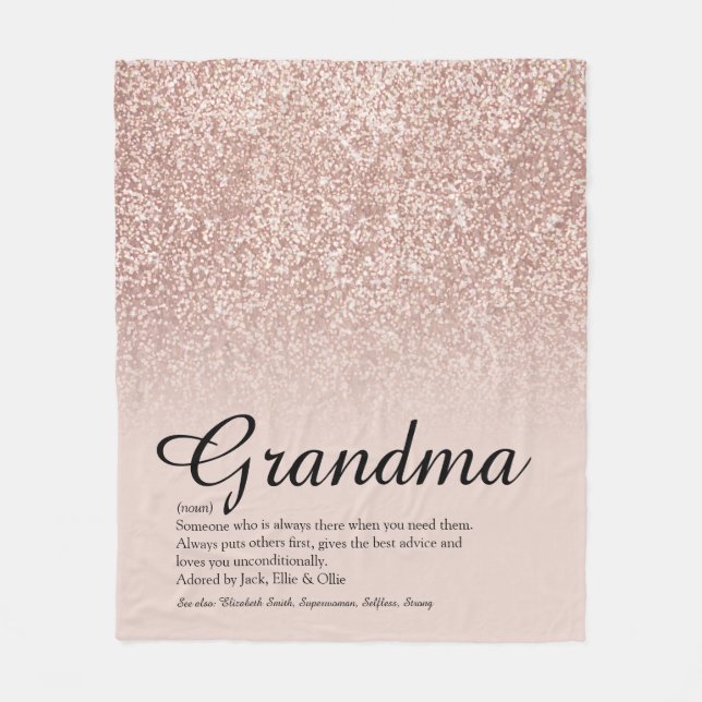 Mormor Definition Skrift Rosa Guld Glitter Fleecefilt (Framsidan)