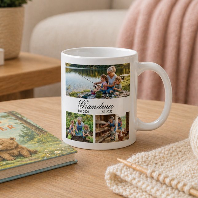 Mormor Est År Elegant Vit Skrift 3-Foto Kaffemugg (Grandma Est Year Elegant White Script 3-Photo Coffee Mug)