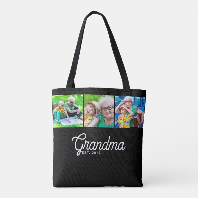 Mormor Established Script Svart 3 Foto Tote Bag Tygkasse (Baksida)