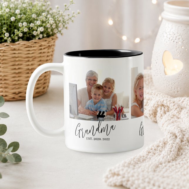Mormor Etablade Modernt Skript 3 Foto Två-Tonad Mugg (grandma est for her nana black and white first time year established grandma fun modern saying)