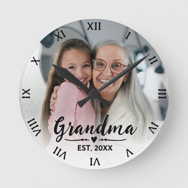 Mormor Etablerade Modernt Skript Foto Rund Klocka (Framsida)
