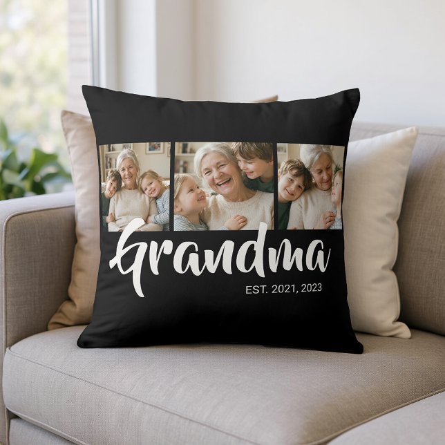 Mormor Etablerade Modernt Skript Svart 3 Foto Kudde (Grandma Established Modern Script Black 3 Photo Throw Pillow)