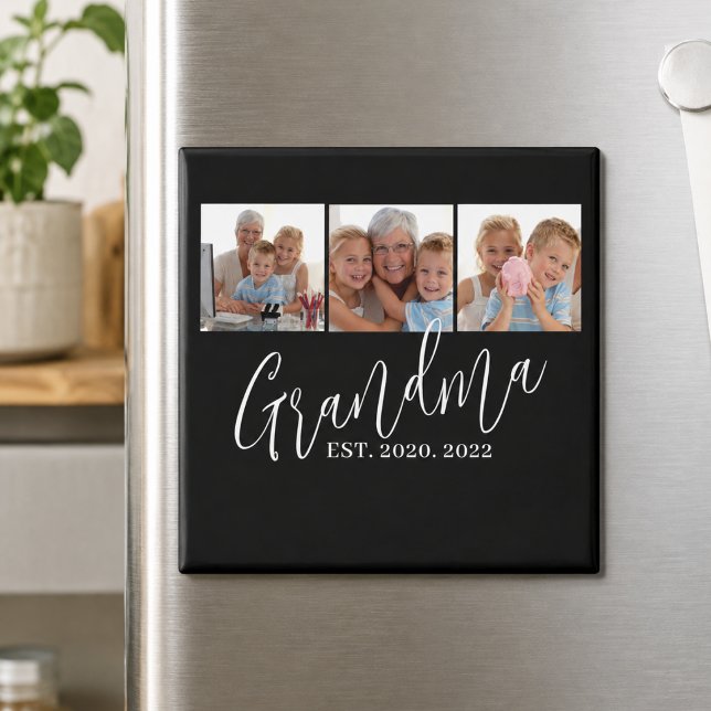 Mormor Etablerade Modernt Skript Svart 3 Foto Magnet (grandma est for her nana black and white first time year established grandma fun modern saying)