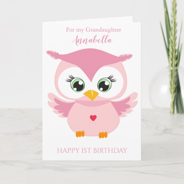 Mormor Första födelsedag Cute Rosa Uggla Photo Kort (Framsida)