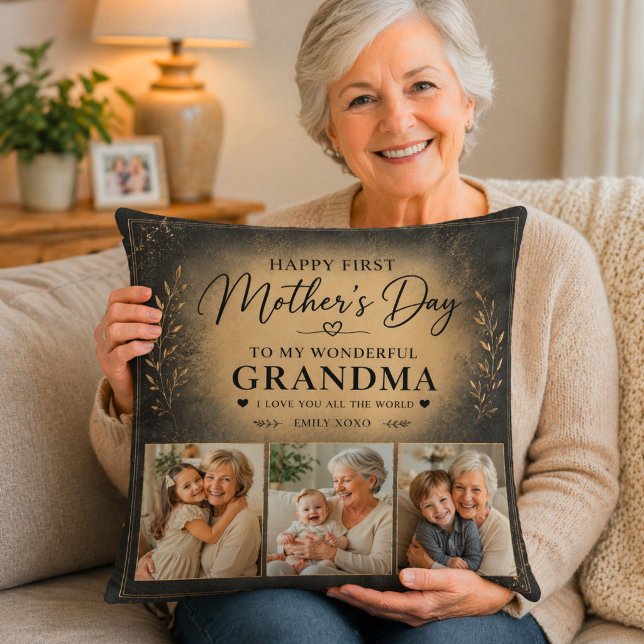 Mormor Första Mors Dag Elegant Svart Guld Kudde (Skapare uppladdad)
