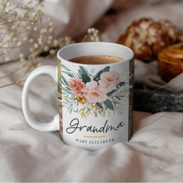 Mormor-gåva 2-foto rosa blommigt med giglitig vatt kaffemugg (Skapare uppladdad)