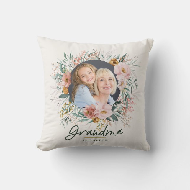 Mormor-gåva 2-foto rosa blommigt med giglitig vatt kudde (Framsida)