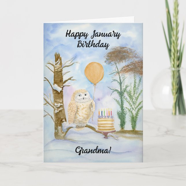 Mormor Glad födelsedag i januari Uggle Tårta Kort (Framsida)
