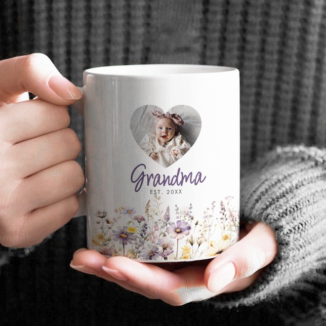 Mormor Lila Akvarell Vilda Blommor & Foto Present Kaffemugg (Skapare uppladdad)