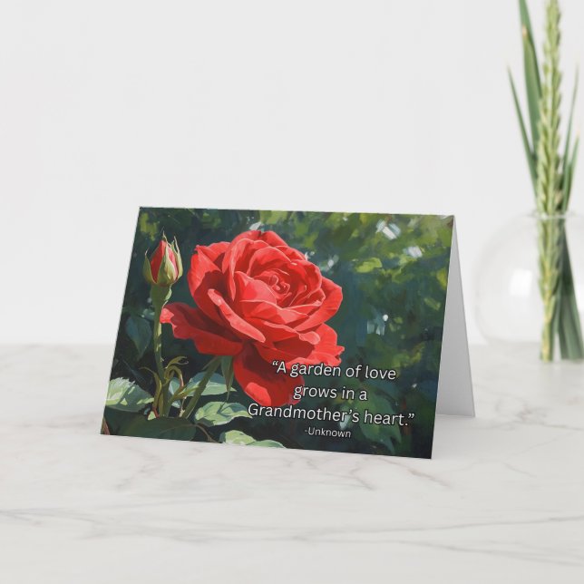 Mormor Mormors dag Röd ros och trädgårdscitat Kort (Framsida)