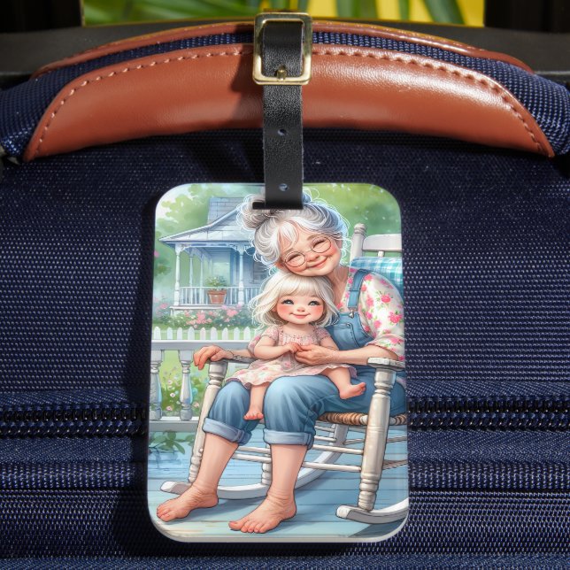 Mormor och barnbarn omfamnar varandra på veranda bagagebricka (Framsida Insitu 2)