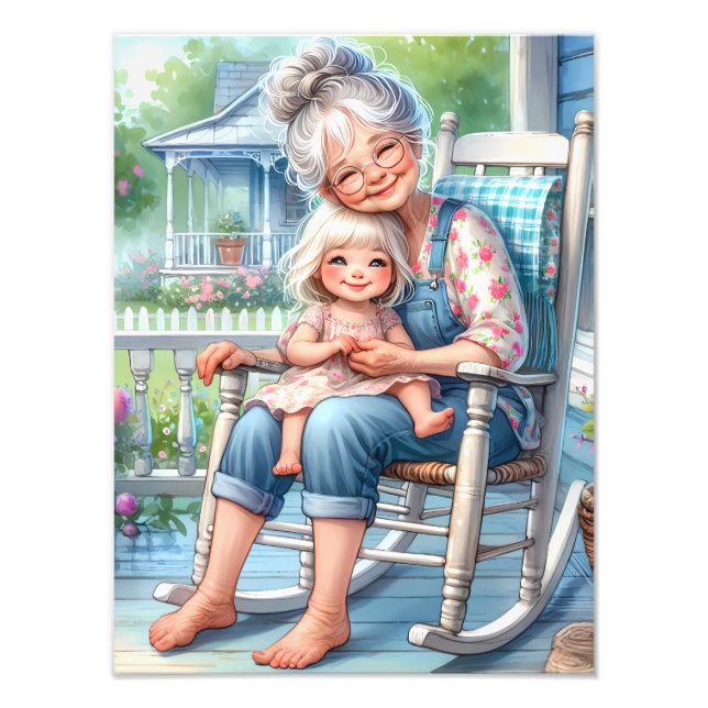 Mormor och barnbarn omfamnar varandra på veranda fototryck (Framsidan)