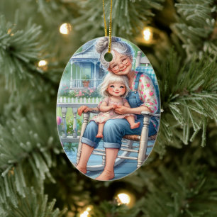 Mormor och barnbarn omfamnar varandra på veranda julgransprydnad keramik