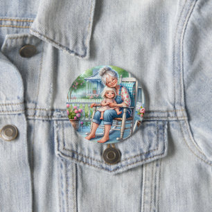 Mormor och barnbarn omfamnar varandra på veranda knapp