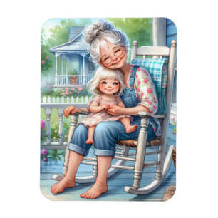 Mormor och barnbarn omfamnar varandra på veranda magnet
