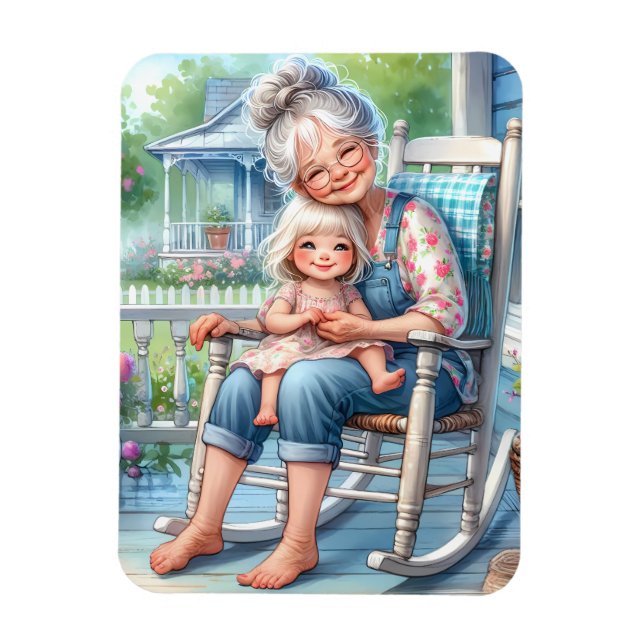 Mormor och barnbarn omfamnar varandra på veranda magnet (Vertikal)