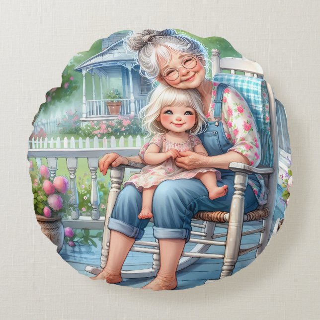 Mormor och barnbarn omfamnar varandra på veranda rund kudde (Framsidan)