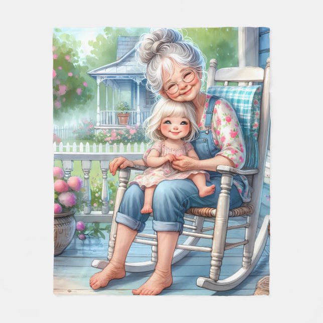 Mormor och barnbarn omfamnar varandra på verandan fleecefilt (Framsidan)