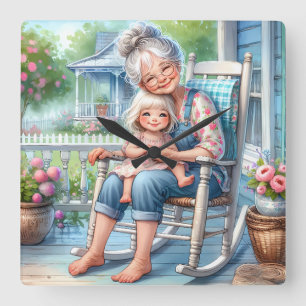 Mormor och barnbarn omfamnar varandra på verandan fyrkantig klocka