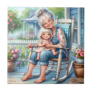 Mormor och barnbarn omfamnar varandra på verandan kakelplatta