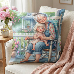 Mormor och barnbarn omfamnar varandra på verandan kudde