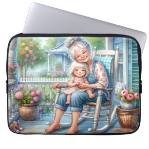 Mormor och barnbarn omfamnar varandra på verandan laptop fodral