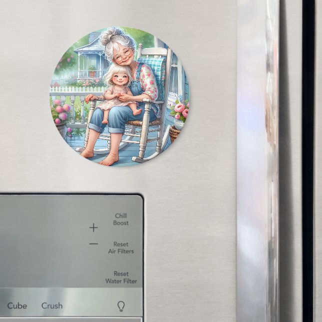 Mormor och barnbarn omfamnar varandra på verandan magnet (In Situ (Fridge))