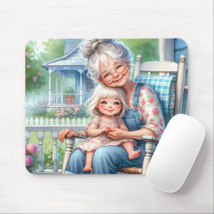 Mormor och barnbarn omfamnar varandra på verandan musmatta
